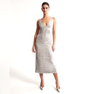 NWT Abercrombie & Fitch Sequin Plunge Midi Dress Silver Homecoming Dance XS